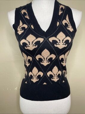 EXPRESS Black & Tan Sweater Vest Wool Blend Fleur-De-Lis 90’s Grunge Prep XS